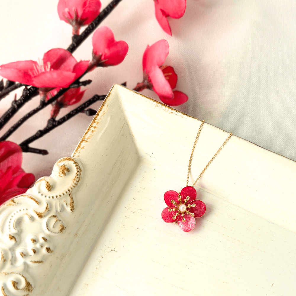 【梅】ネックレス レッド サージカルステンレス 金属アレルギー対応 受注生産 春の新作 | 5枚目